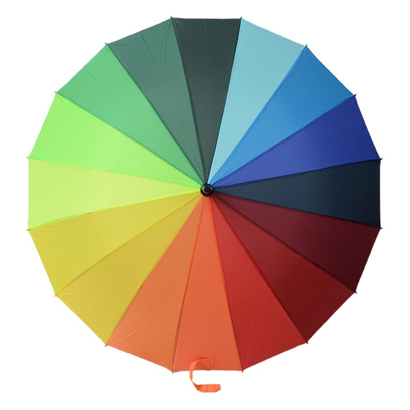 16骨の長い柄の虹の傘の広告の販促傘のストレートゴルフの傘はロゴの屋外の防水カバーの晴れた傘を印刷することができます。