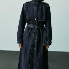 欧美批发2023冬牛仔长款气质腰带风衣大衣外套牛仔服Y13-72009