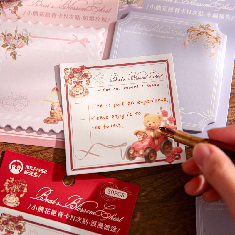 Mr. Paper Tarjeta trasera N pegatinas Serie de cajas de flores de oso Ilustración de alto valor Notas de estudiante Papel de mensajes Post-it