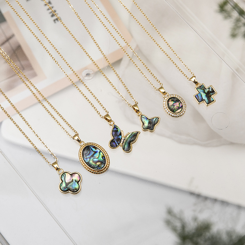 Fashion Cross Butterfly Titanium Steel Copper Inlaid Gemstone Natural Stone Pendant Necklace