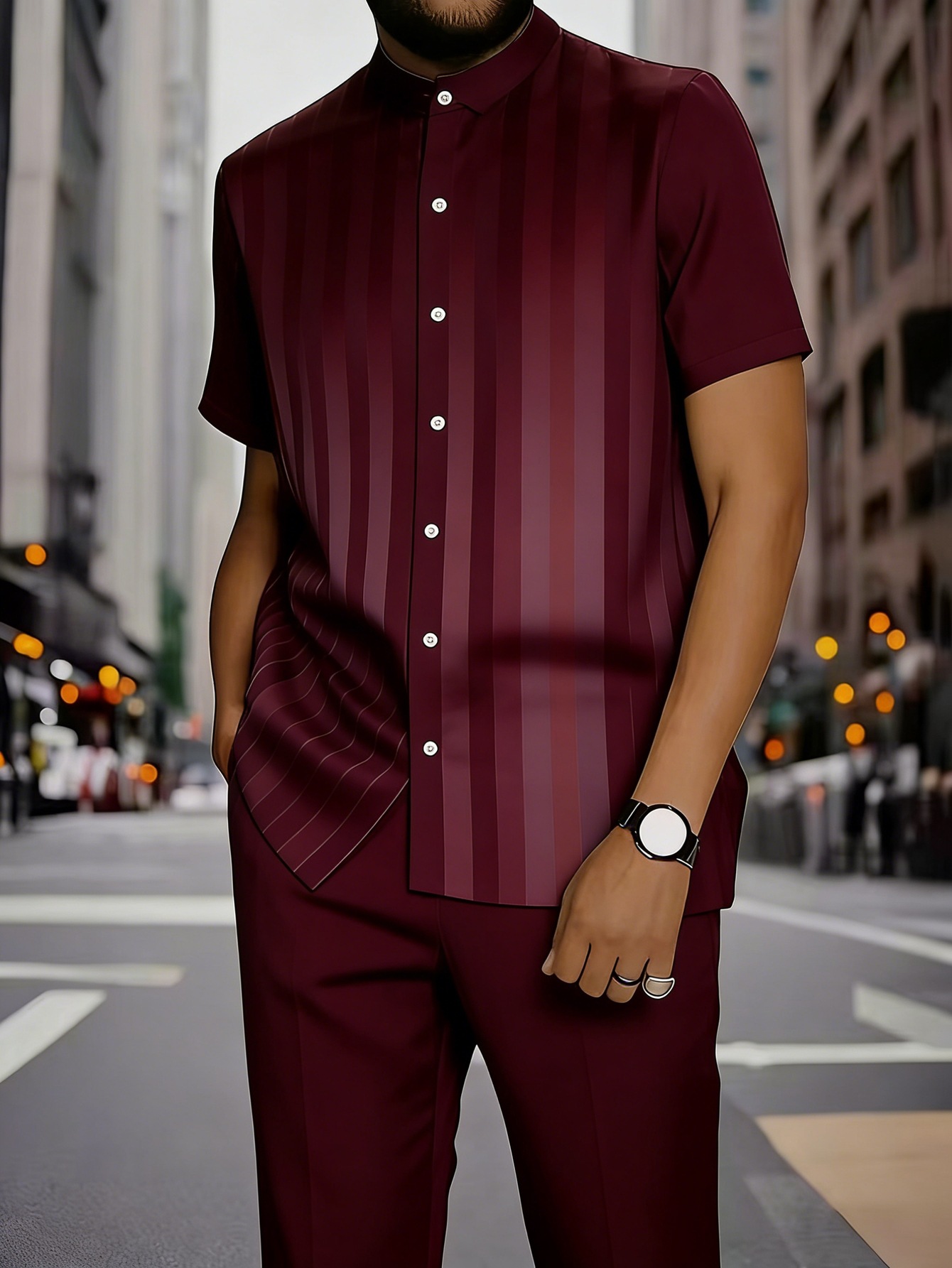 Men's Clothing Men's Commuter Style Short Sleeve Shirt And Shorts Set Collared Geometric Print Spring Summer_viptrois.com