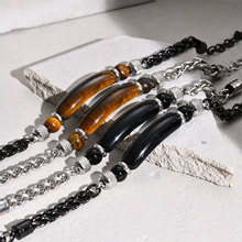 不锈钢花篮链黑玛瑙虎眼石弯牌串珠手链黑色 泉溪水饰品 BR-1716