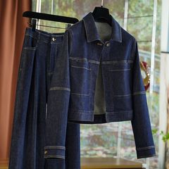 欧货轻奢2025秋季女装复古气质百搭牛仔外套+阔腿裤时髦两件套装