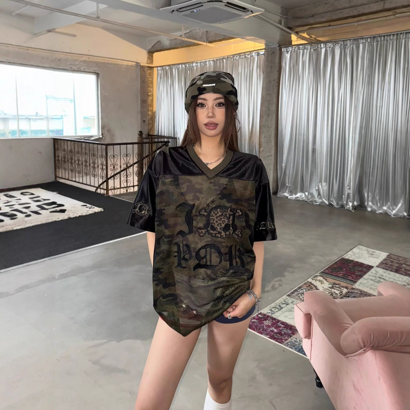American Retro V-Neck Leopard Print Mesh Color-Blocking Loose Jersey Women's Versatile Letter Print Hip-Hop Short-Sleeve Top