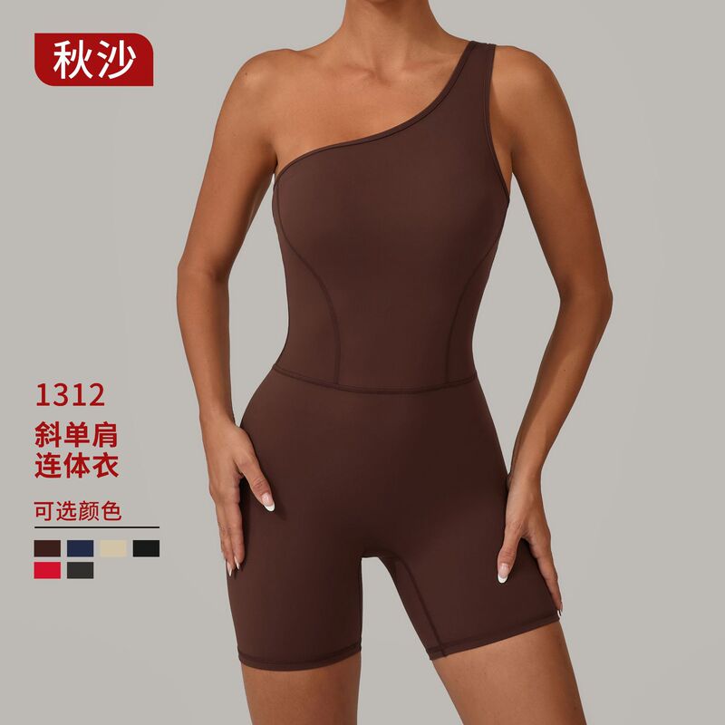 Qiusha Summer Oblique Shoulder Sports Beauty Back Yoga Jumpsuit Naked Hip Lifting Tight Fitness Suit Jumpsuit 1312