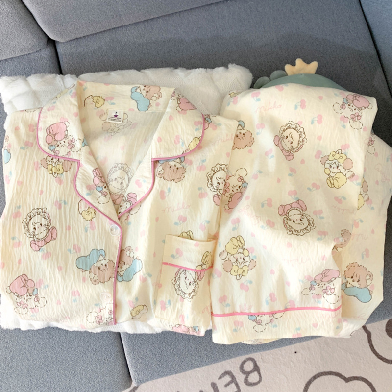 Pijamas de algodón de nube al por mayor transfronterizo, pantalones de manga larga para mujer, solapa, otoño nuevo estilo, linda rebeca, dulce servicio a domicilio, gato kt