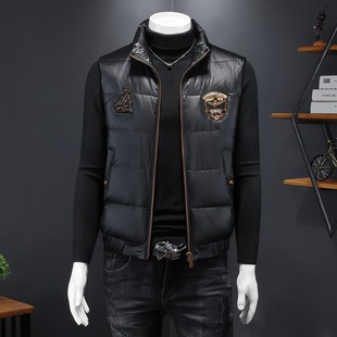 European Station 2024 Winter New Men's Fashion White Duck Down Vest Embroidered Stand Collar Top