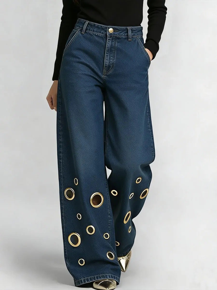LD2814 Women's Straight Leg Jeans Whiskered Wash Loose Fit Curved Eyelet New Export_mkmklike.com