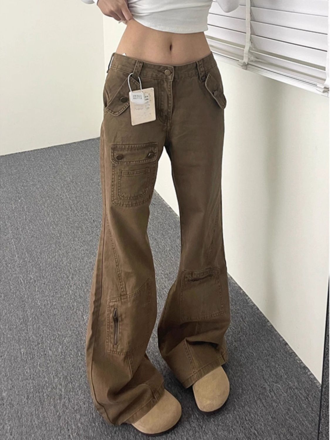 卡其色高个子多口袋微喇工装裤女2025春秋新款显瘦170牛仔长裤子