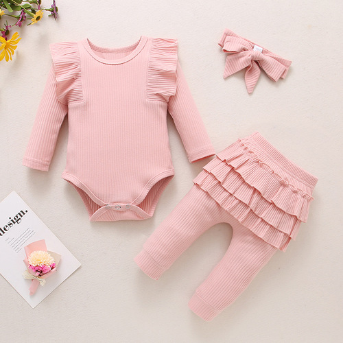 Set of 3 for Autumn Girls: Ribbed Pleated Long-Sleeve Bodysuit and Pants Set with Bow Ties