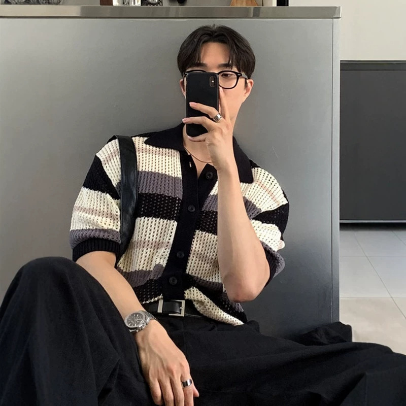 Short-Sleeved T-Shirt, Knitted Cardigan, Hollow Mesh, Color-Blocked Stripes, Designer Fashion Polo, Loose and Versatile, with a Turn-Down Collar for Men