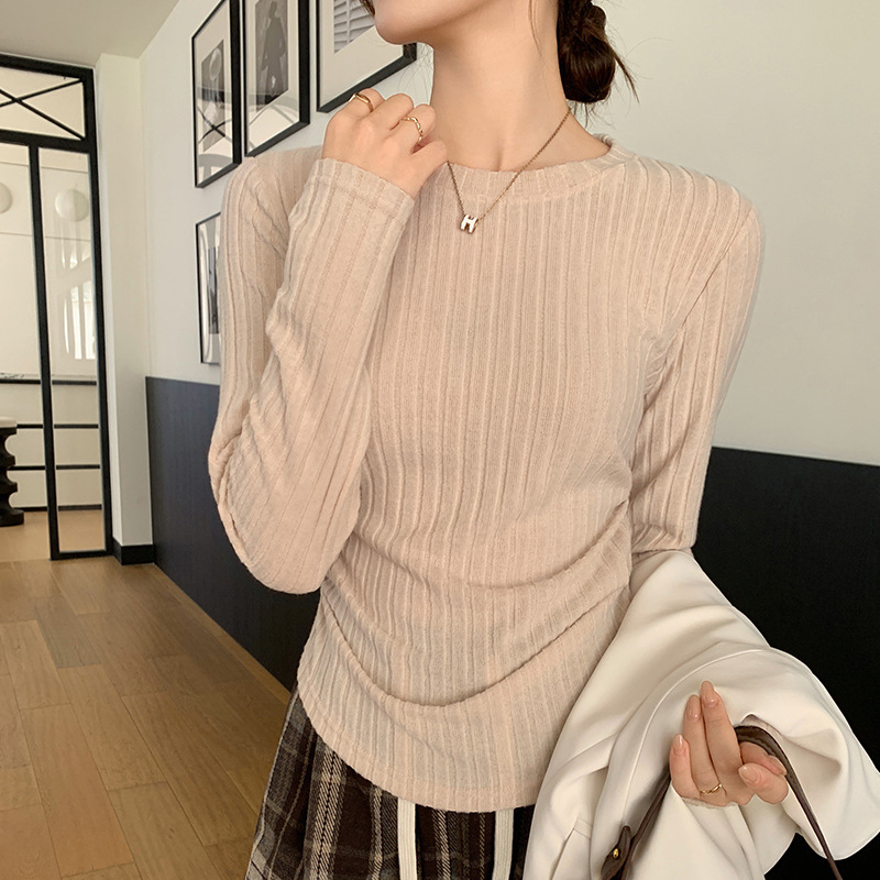 555圆领打皱打底衫女秋冬新款保暖毛衣修身竖条针织衫长袖上衣T恤|undefined