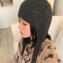 韩国东大门ins鬼马少女安哥拉毛绒绒纯色护耳绑带飞行针织毛线帽