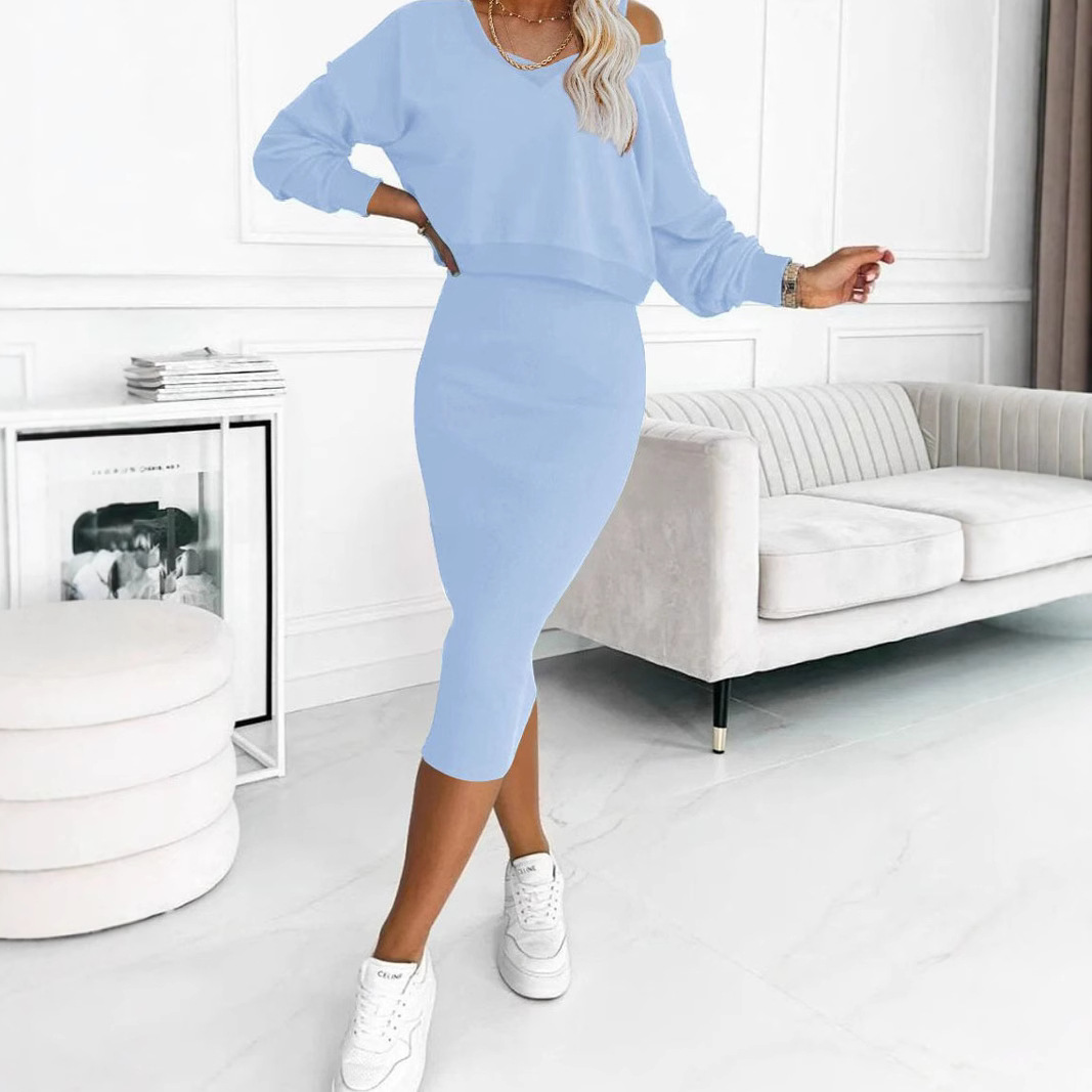 Completo da donna con scollo a V, manica lunga, tunica, maglione, due pezzi, casual, in maglia, colori a tinta unita, tendenze moda_voghion.com