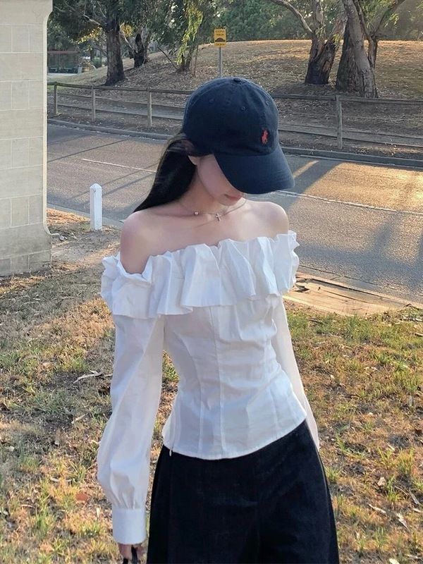 Gardenia 纯欲小众荷叶边一字肩长袖衬衫女减龄气质修身白色上衣|undefined