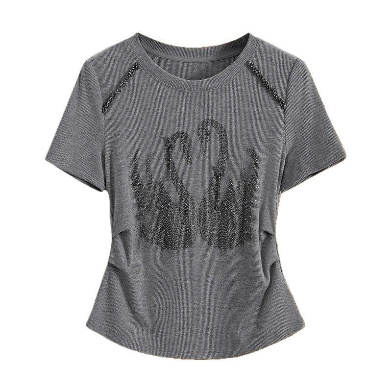 直送で好評！100％綿の純綿半袖Tシャツ、女性用、おしゃれで着痩せ効果のあるプリーツ加工、重厚なラインストーン装飾トップス|undefined