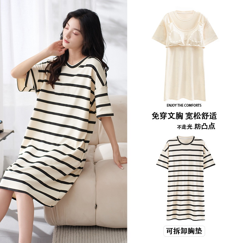Nuevo Camisón de algodón de manga corta de verano con almohadilla en el pecho de las mujeres Mediados de longitud más tamaño dulce de dibujos animados de algodón Ropa para el hogar de las mujeres