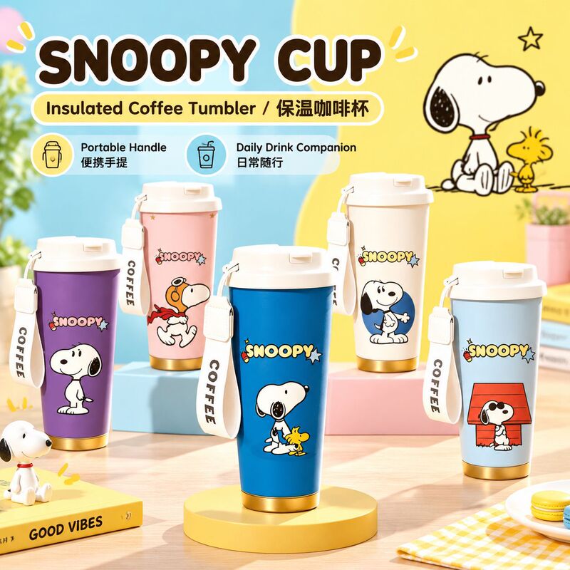 Cross-border insulated cup, Snoopy cartoon design, stylish appearance, dual-purpose straw, 304 stainless steel, vacuum-insulated, portable, and thickened water bottle