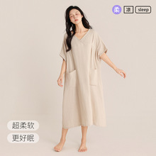 夏款无印睡裙双层绉布棉套头女士长款连衣裙简约法式家居服可外穿