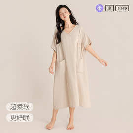 夏款无印睡裙双层绉布棉套头女士长款连衣裙简约法式家居服可外穿