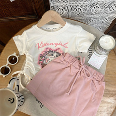 韓版童裝2024新款夏季女童卡通短袖T恤兒童洋氣粉色短裙兩件套潮