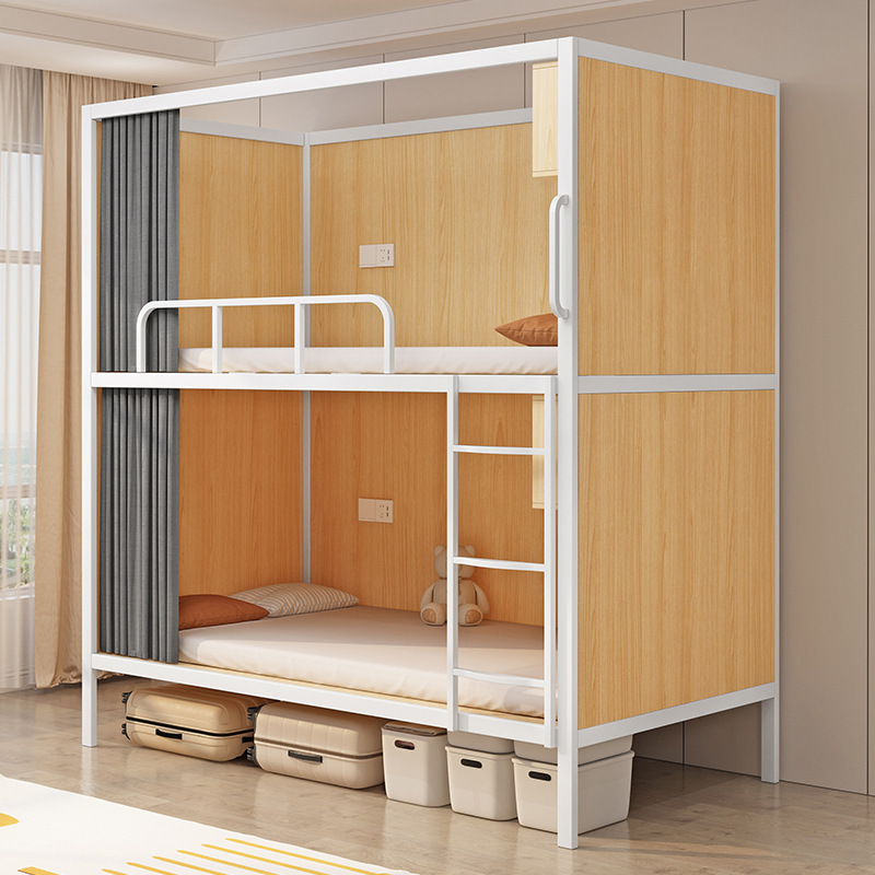 Cama tipo cápsula espacial, apartamento cápsula tipo hostal, cama de dos pisos, combinación de acero y madera, dormitorio de hotel, diseño de cápsula espacial