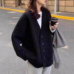 黑色毛衣外套女大码2025加厚外穿复古中长款慵懒宽松v领针织开衫1