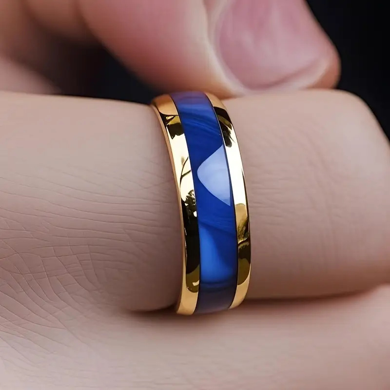 New 3D Design Oil-Drip Titanium Steel Ring for Men, High-End Fashion Couple Ring, E-Commerce Gold Sphere with Blue Turquoise