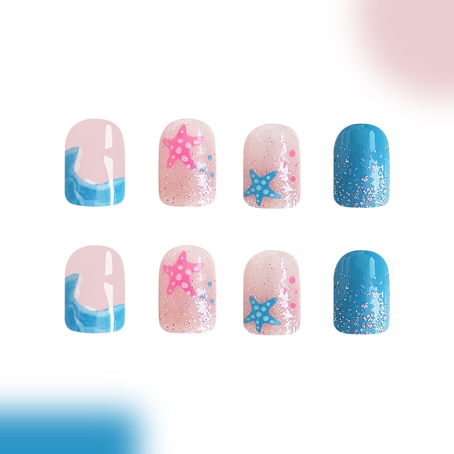Short bright face square armor Europe and the United States cross-border foreign trade sea wave starfish powder blue detachable wearable nail art 24 p_voghion.com