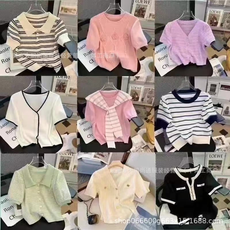 夏季女装针织短袖T恤外贸厂家夜市地摊货源批发直播小香款针织衫