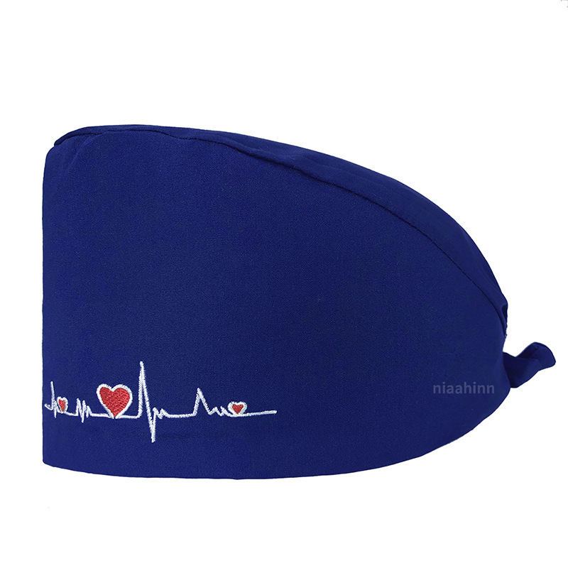 Gorro de Médico de Color Sólido en Poliéster y Algodón, Gorro Médico con Bordado de ECG, Gorro de Trabajo para Cola de Caballo Corta, Gorro Floral en Stock