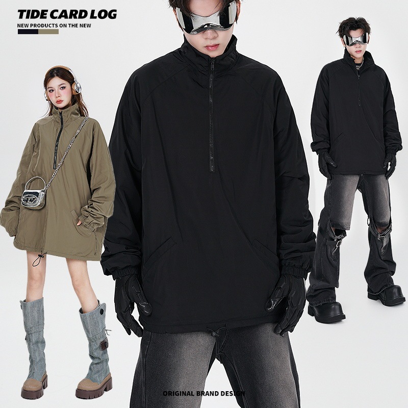 TIDE CARD LOG | Autumn and winter high street half zipper stand collar jacket jacket fleece-lined casual loose jacket for men