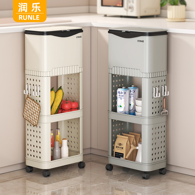 Kitchen Trash Can, Large Capacity, Movable, Double-Layer, Tall Model, No Need to Bend Over, Storage Rack, Wholesale, with Lid