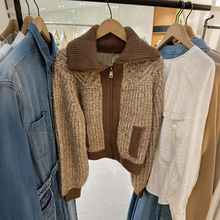 法单小众 2025秋冬暖棕撞色边泡泡袖罗纹大翻领拉链收腰开衫25918