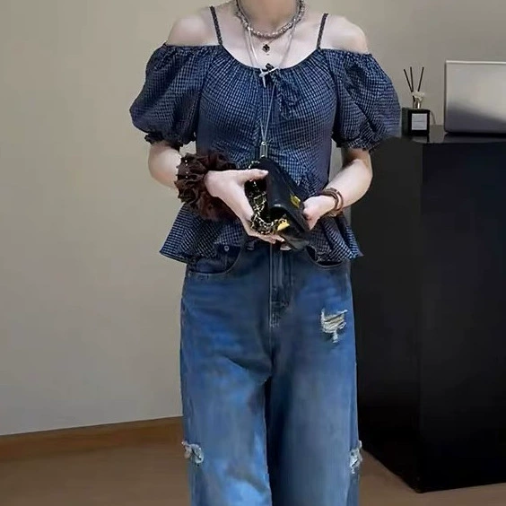 大码纯欲辣妹露肩格子短袖衬衫女夏季胖mm掐腰甜美可爱风格衣服