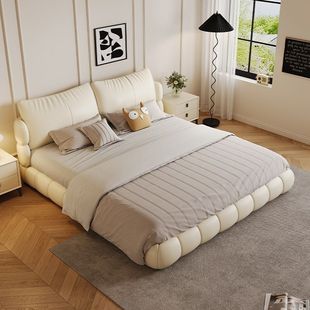 Creamy Puff Leather Bed Simple 1.5 Bedroom Ins French Double Bed Master Bed High-end 1.8 Modern Wedding Bed