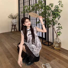 新中式国风水墨画小飞袖娃娃裙连衣裙女夏季无袖法式复古短裙裙子