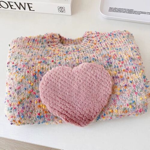3D Heart Colorful Children's Sweater Korean Children's Autumn/Winter Girls' Fashion Sweet Knit Top Trendy Style