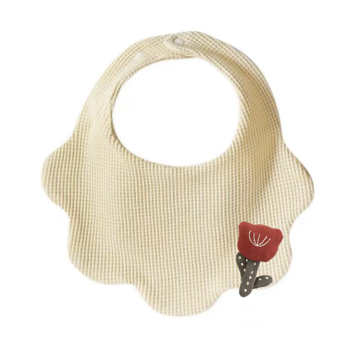 베이지색 작은 붉은 꽃 입체 턱받이