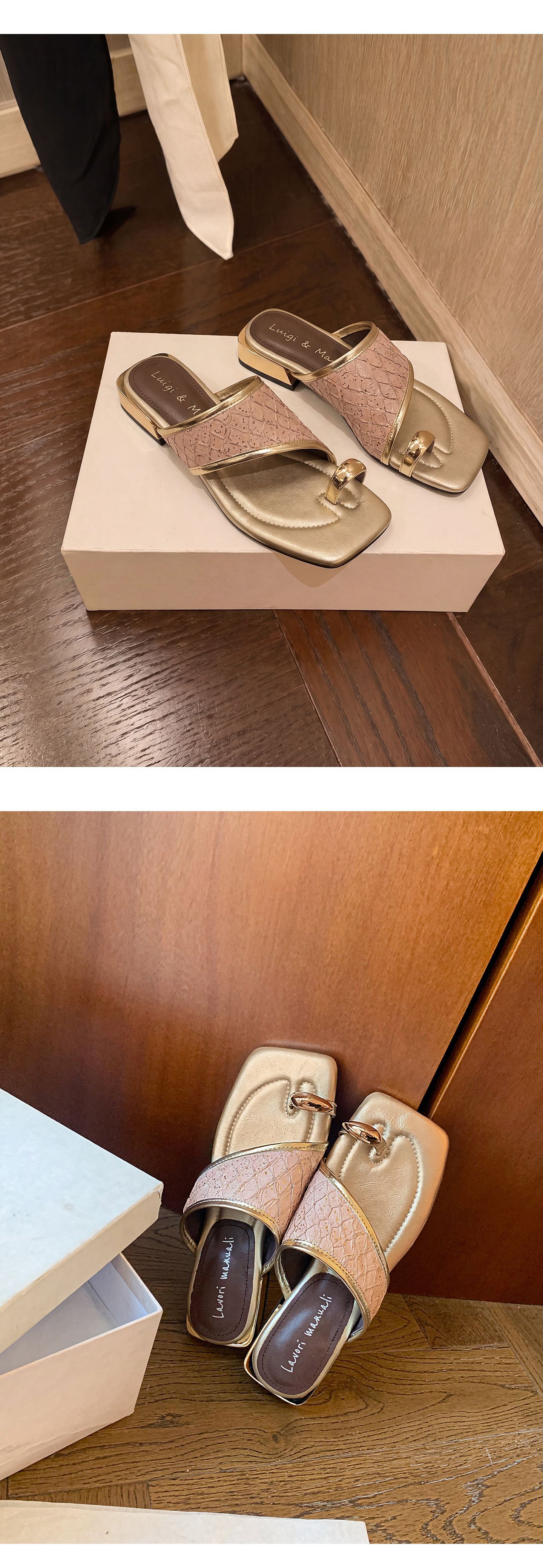Dép sandal xỏ ngón nữ đế bệt phong cách Pháp mũi vuông, chất liệu giả da cá sấu, quai đan dệt — màu thiên thanh, màu hồng, màu trắng ngà chi tiết 15