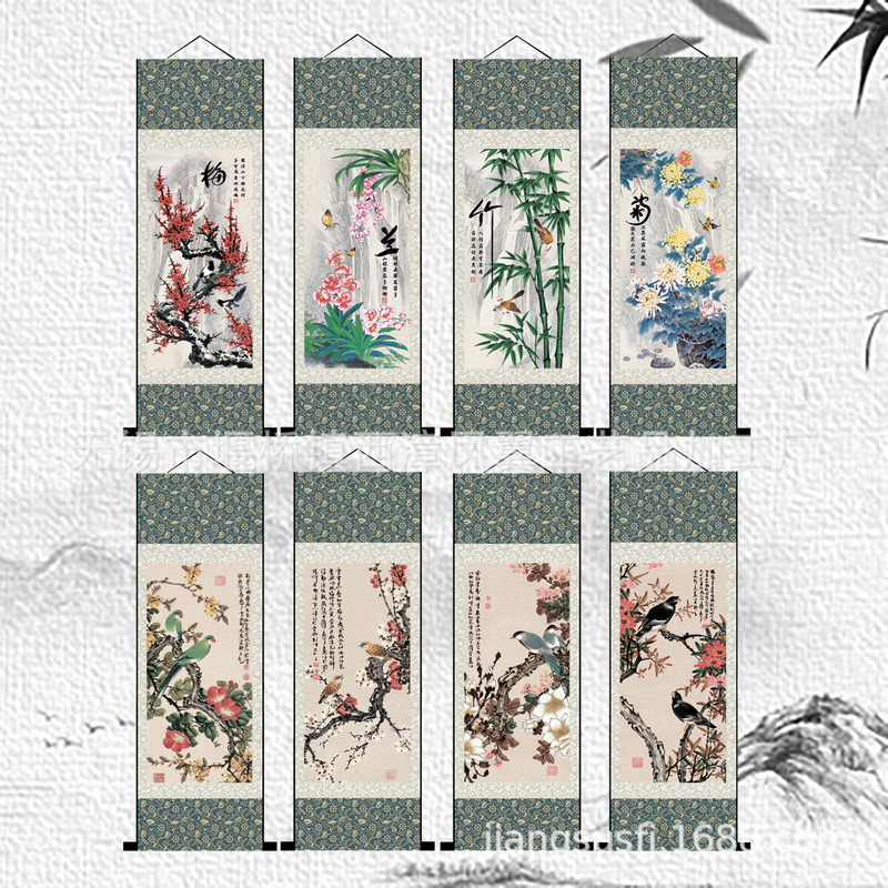 Factory direct supply silk painting silk scroll traditional Chinese painting culture business gifts plum orchid bamboo chrysanthemum spring summer autumn winter suit