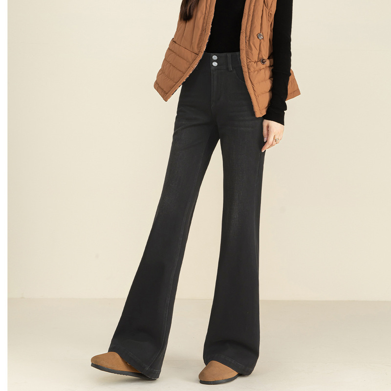 Xin Ge winter high-waisted, tummy-control, figure-flattering, retro flared jeans for women, thickened, warm, elastic, and casual long pants Xin Ge winter high-waisted, tummy-control, figure-flattering, retro flared jeans for women, thickened, warm, elastic, and casual long pants