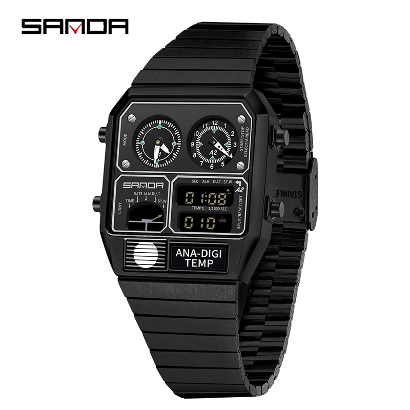 SANDA SANDA 3192 reloj electrónico de acero cuadrado reloj electrónico de temperatura cronómetro nocturno multifuncional