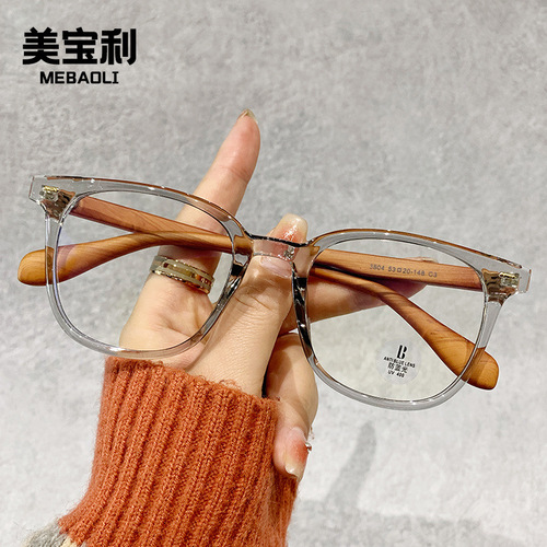 Japanese and Korean transparent TR3804 wood grain legs, small red book decorative frames, anti-blue light flat glasses with myopia