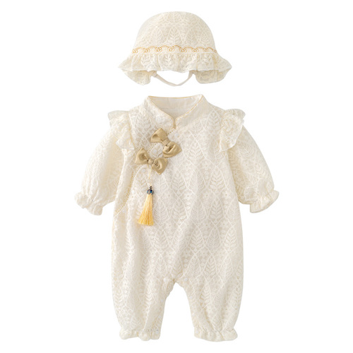 Baby Bodysuit 2024 Spring and Autumn Newborn Baby Clothes Chinese Style White Lace National Style Spring Outfit Crawling Suit