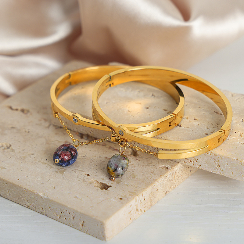 Natural Indian color treasure oil painting natural stone stainless steel bracelet titanium steel 18K gold personality temperament all-match jewelry for women