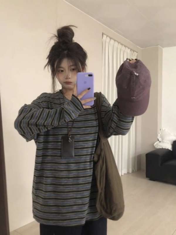 韩系慵懒设计感条纹复古长袖卫衣女秋季小众休闲圆领宽松套头上衣|undefined