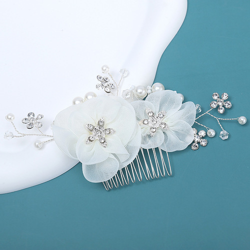 Pearl crystal comb bridal Xiuhe headdress rhinestone silk flower chiffon flower headdress antique Hanfu hair accessories wholesale