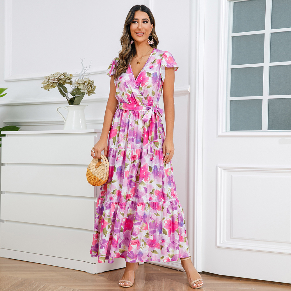 Women's A-line Skirt Elegant V Neck Printing Short Sleeve Flower Maxi Long Dress Holiday display picture 5