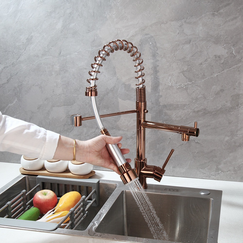 Cross-border all-copper spring faucet kitchen sink with rotatable and pull-out dual water outlet for cold and hot purified water spring faucet undefined